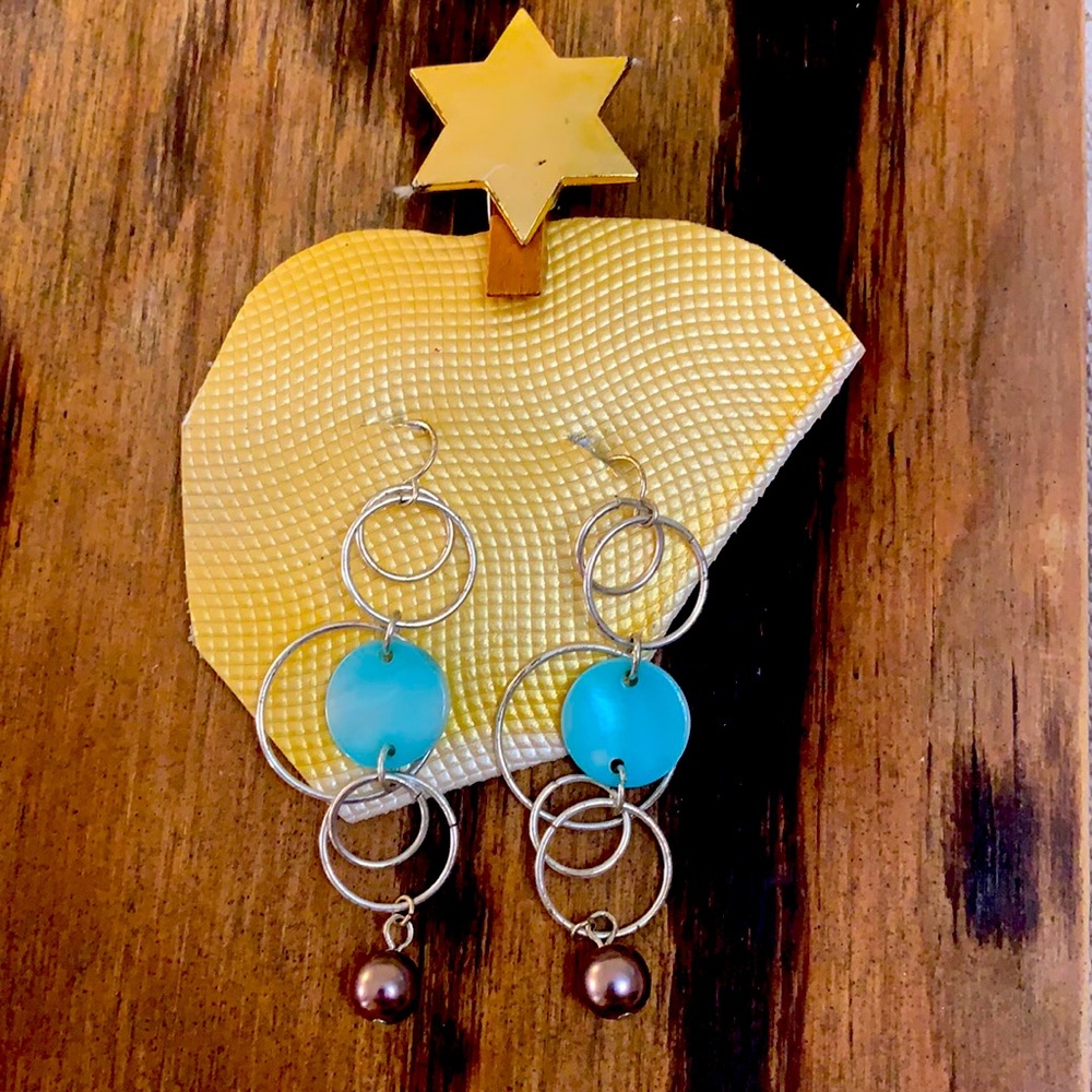 Silver metal earrings w bronze & turquoise beads
